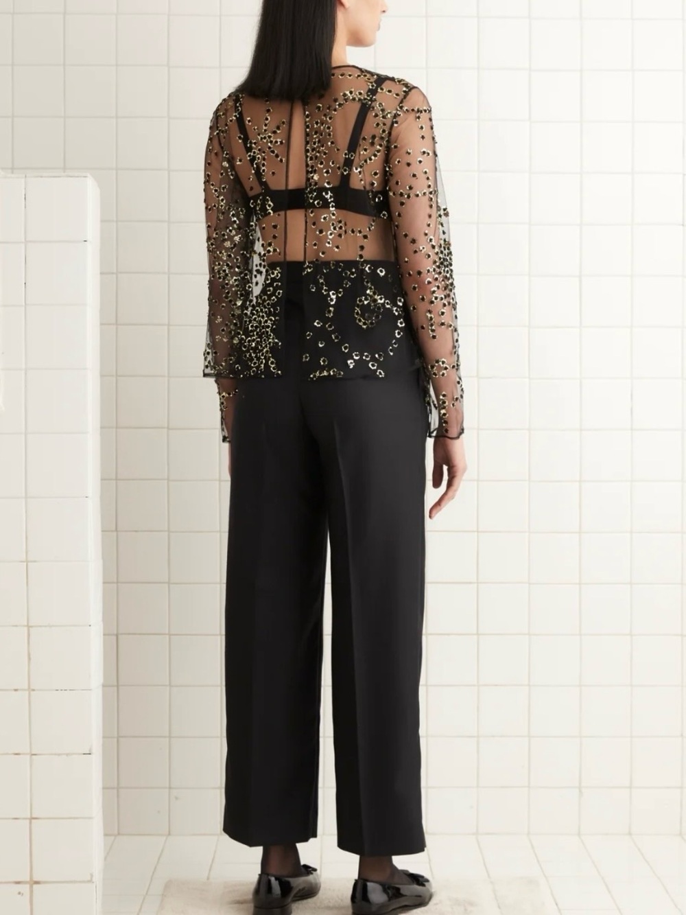 BODE Sheer Fête Top Mesh Gold Foil Appliqué Blouse Black Size 10 - Picture 3 of 12